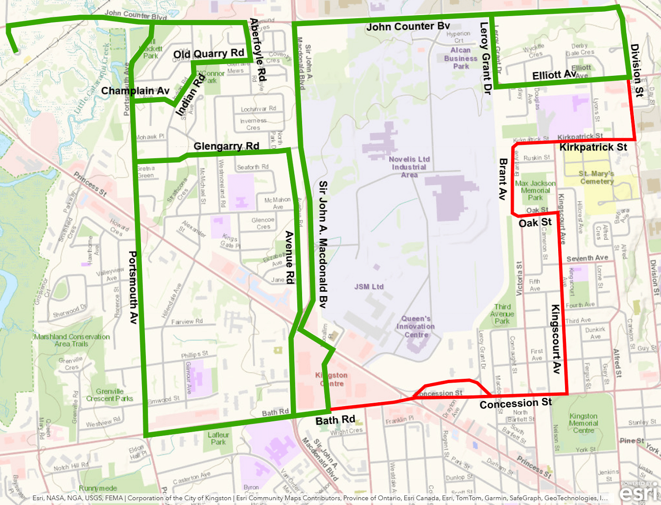 Map showing Route 16 detouring away from Kingscourt and Concession during Santa Claus Parade. For more information, please call 613-546-0000.