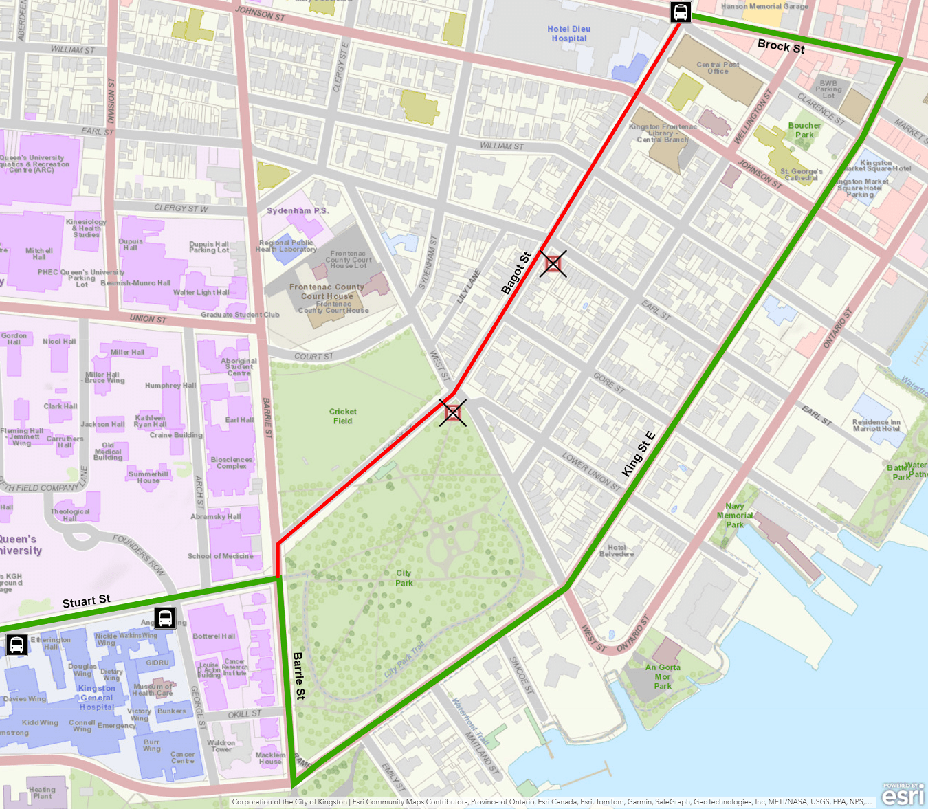 Map showing Route 1 Montreal St. and Route 2 Division St. detour using King instead of Bagot. For more information, please call 613-546-0000.