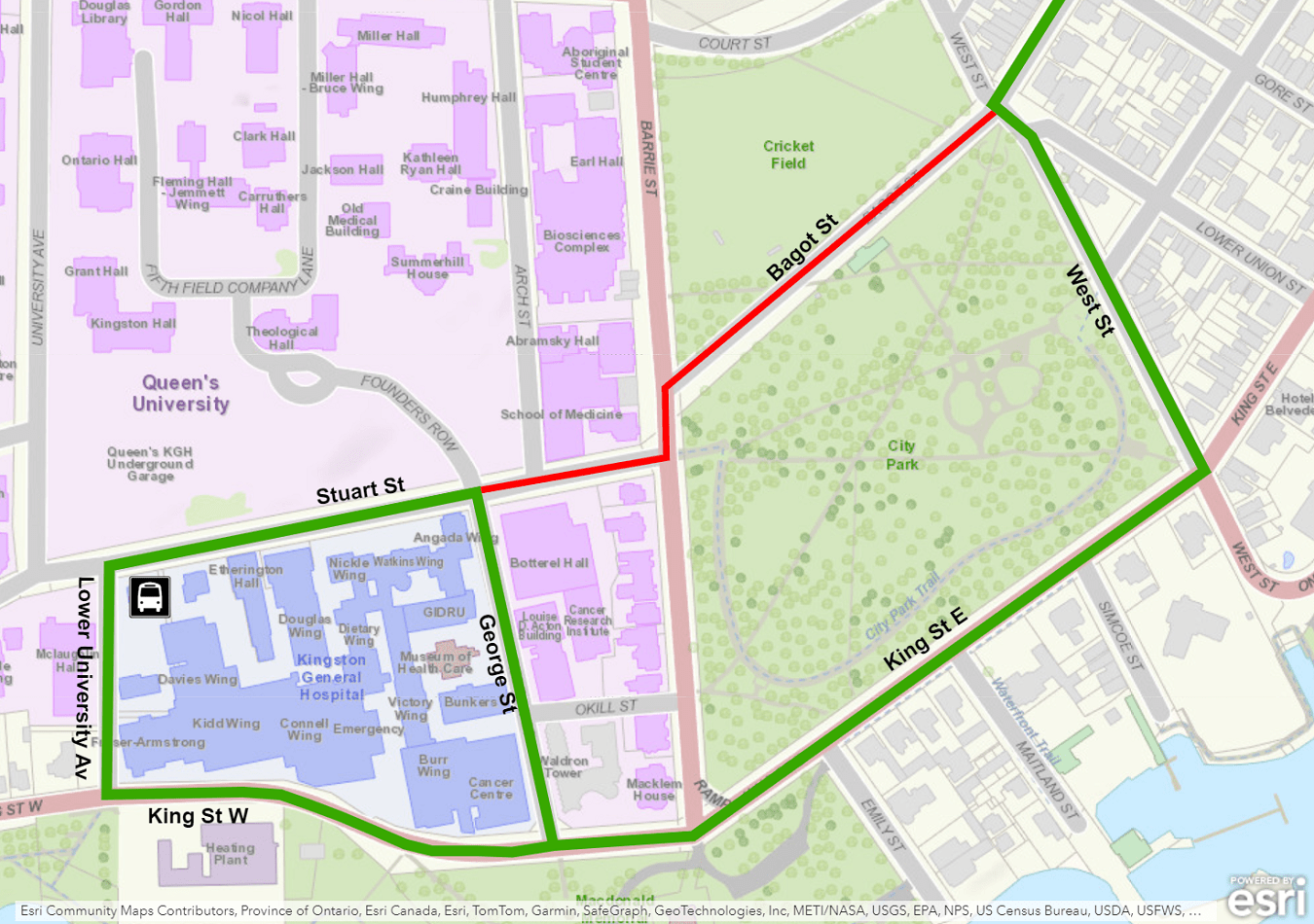 Map showing Express 602 & 802 detour using King instead of Bagot. For more information, please call 613-546-0000.