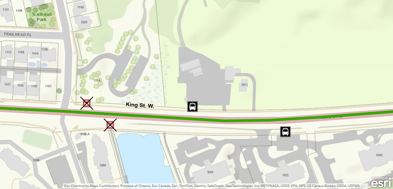 Map showing King / Trailhead stops out of service with alternative stop locations.  For more information, please call 613-546-0000.