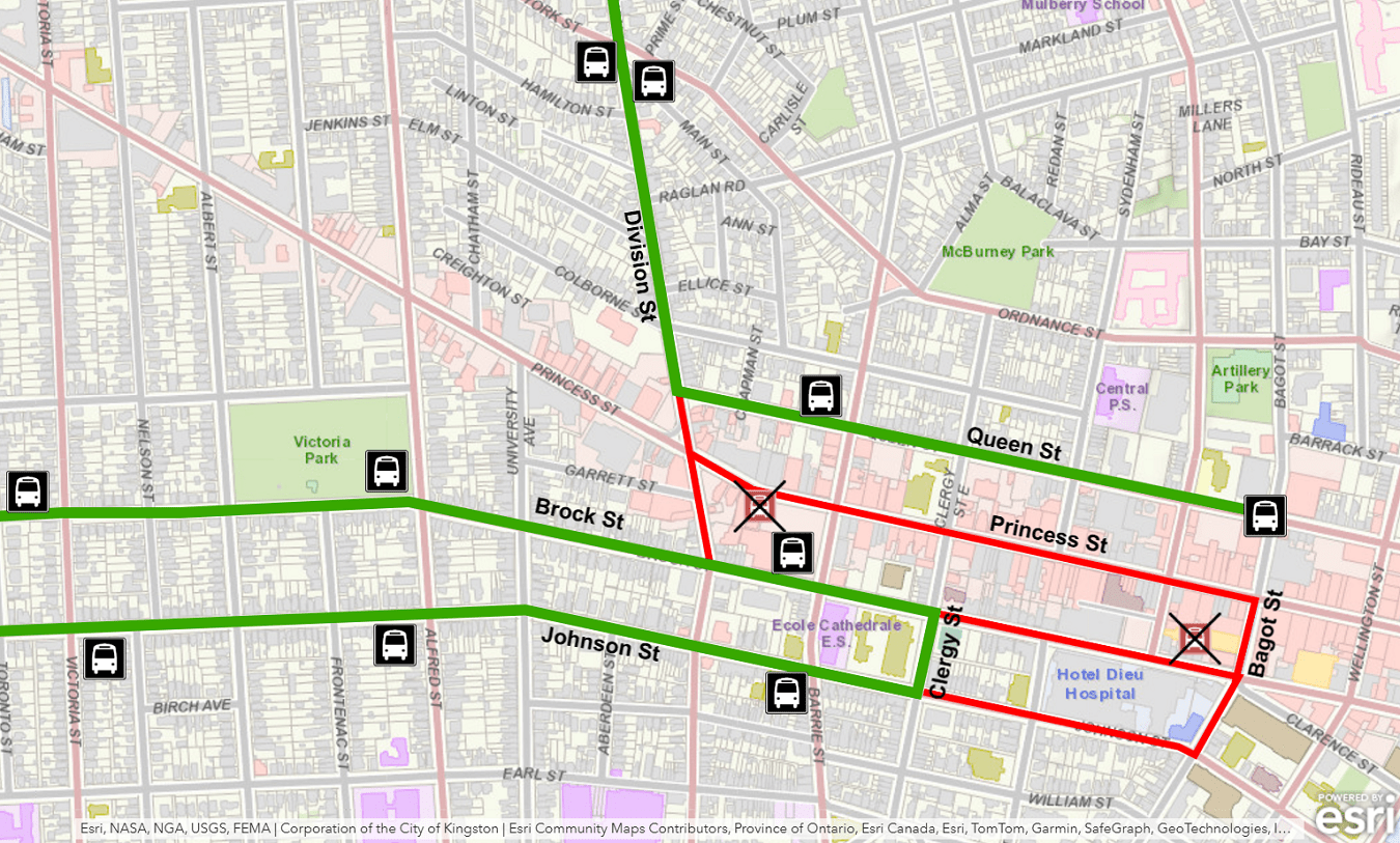 Map showing Express 701/702 split into two sections at Princess during Santa Claus Parade. For more information, please call 613-546-0000.