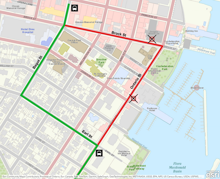 Map showing Route 3 Downtown detour using Earl/Bagot instead of Ontario/Brock. For more information, please call 613-546-0000.