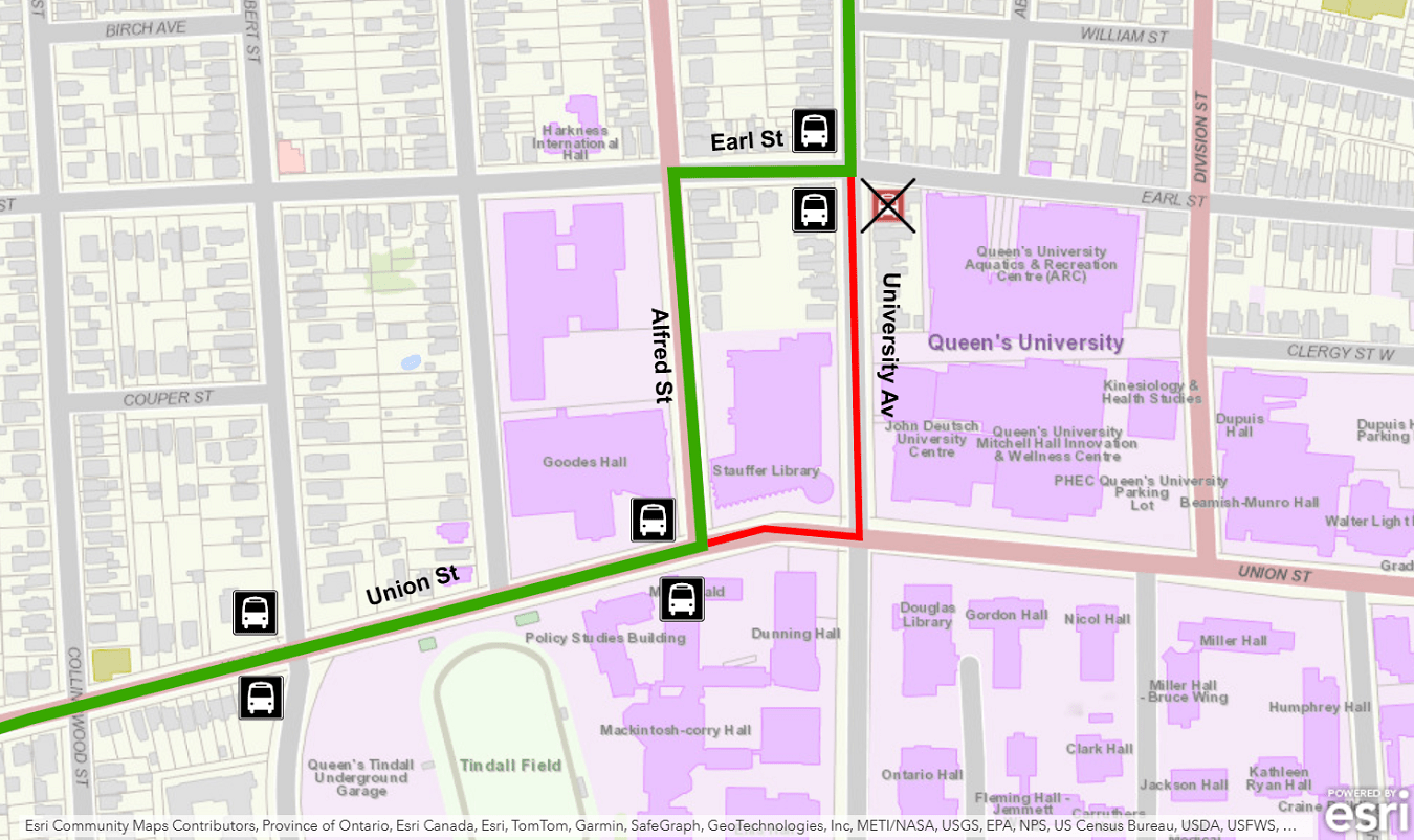 Map showing Route 20 detour using Earl and Alfred instead of University and Union. For more information, please call 613-546-0000.