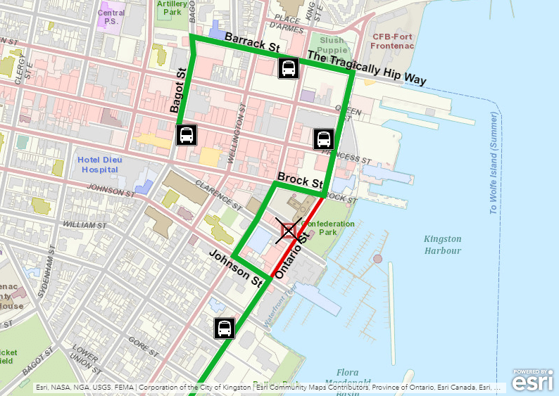 Map showing Route 3 Kingston Centre detour using King instead of Ontario. For more information, please call 613-546-0000.