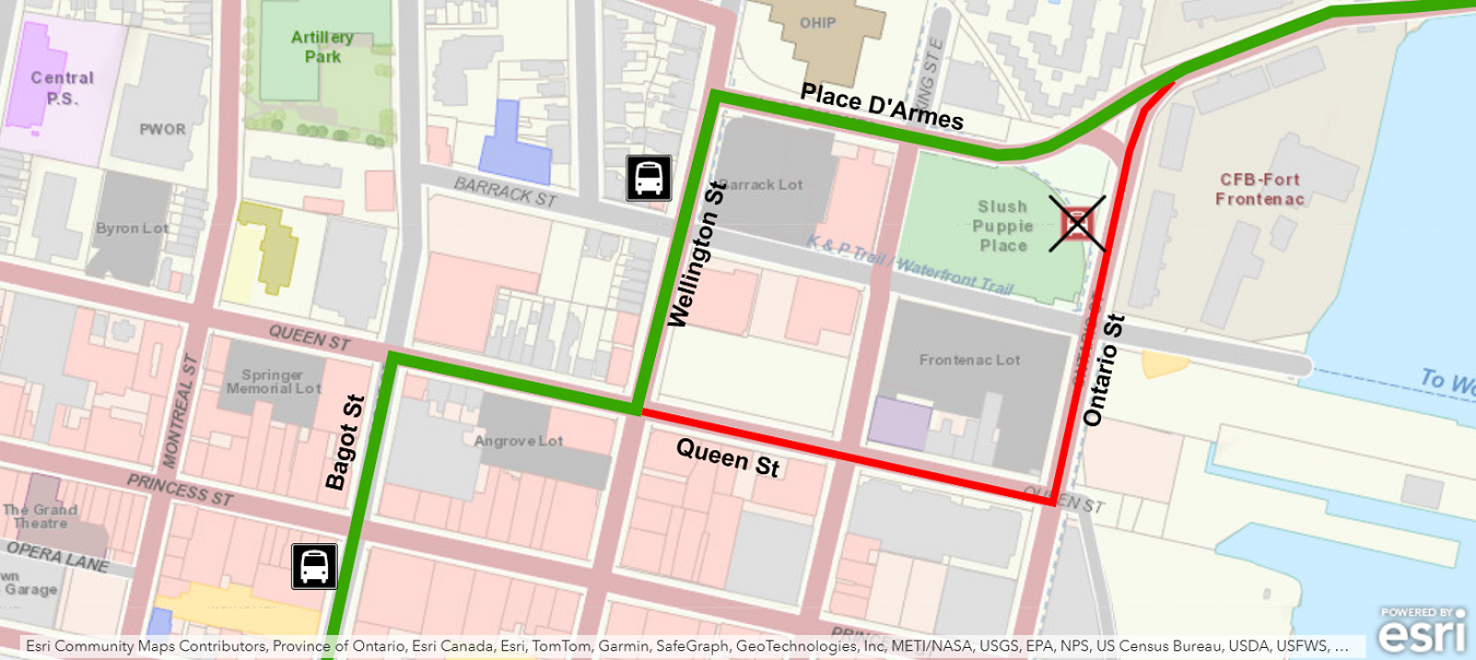 Map showing detour away from Queen/Ontario using Place D'Armes and Wellington. For more information, please call 613-546-0000.