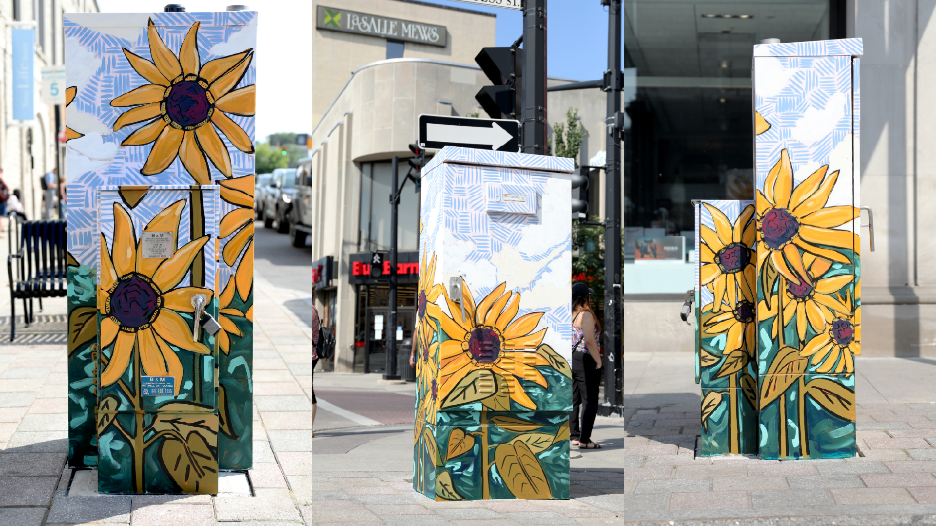 A triptych of photographs showing a traffic control box at a downtown intersection that has been painted with a mural of sunflowers and a cloudy blue sky.