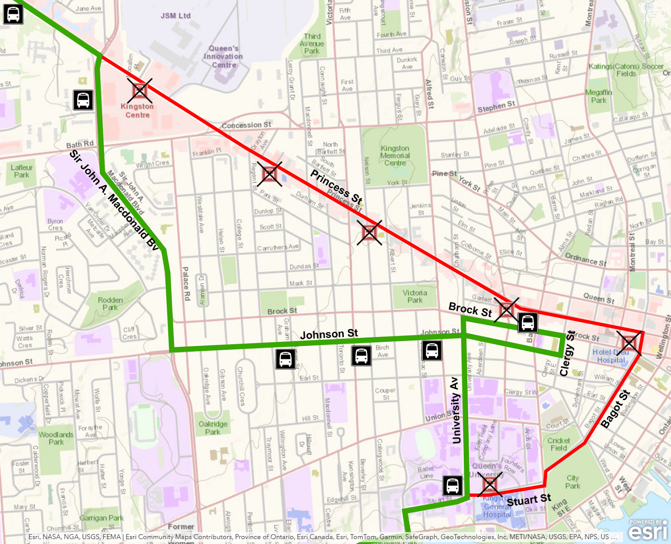 Map showing Express 501 detour using Sir John A. Macdonald and Johnson instead of Princess. For more information, please call 613-546-0000.