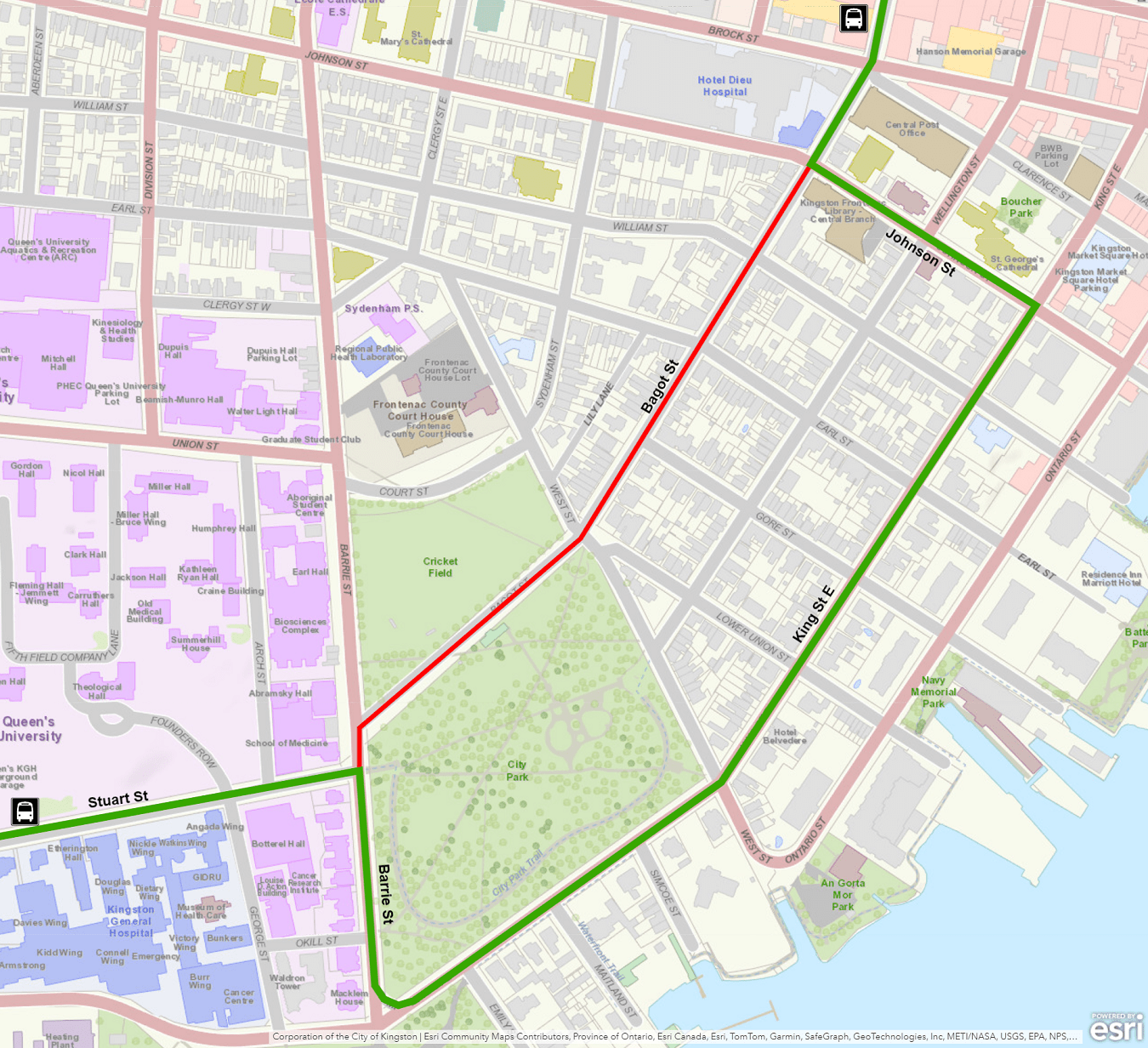 Map showing Express Route 501 detour using King instead of Bagot. For more information, please call 613-546-0000.