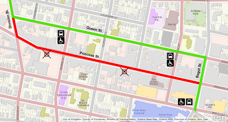 Map showing Route 2 Kingston Centre and Route 18 detour using Queen instead of Princess. For more information, please call 613-546-0000.