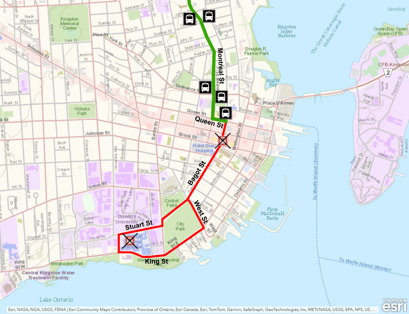 Map showing Express 801/802 ending at Queen/Bagot and not continuing to KGH. For more information, please call 613-546-0000.