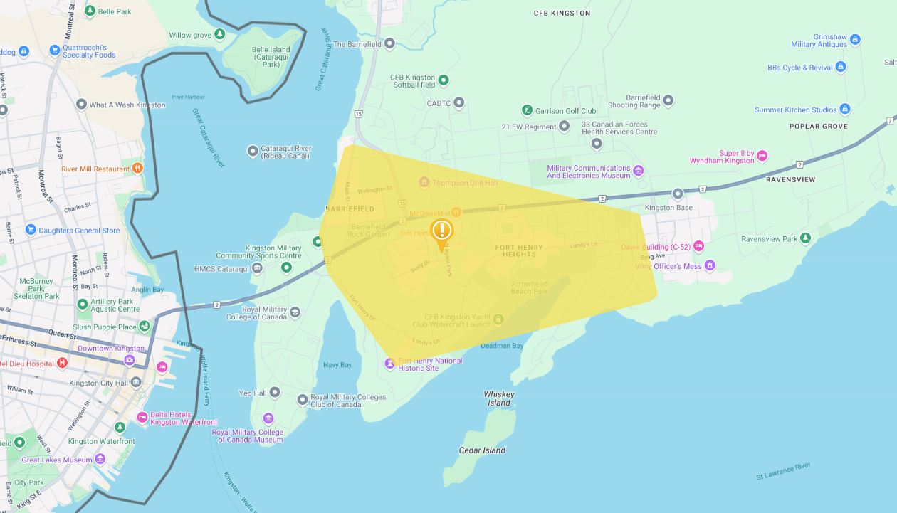 Map showing a highlighted area around CFB Kingston and Barriefield Village.