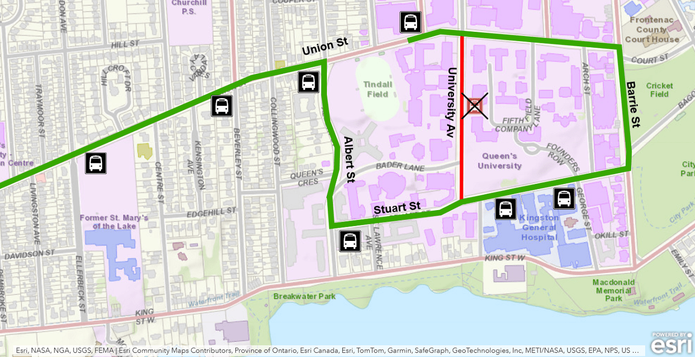 Map showing Route 17W detour via Barrie instead of University. For more information, please call 613-546-0000.