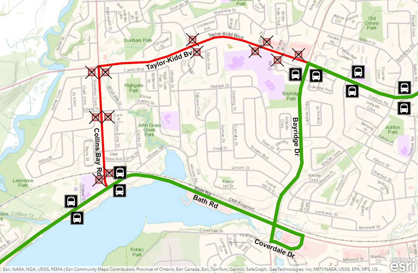 Map showing Route 10 detour using Bath & Bayridge instead of Collins Bay and Taylor-Kidd. For more information, please call 613-546-0000.