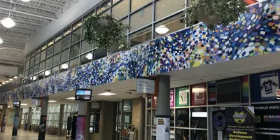 The waterway artwork situated in the INVISTA centre that spans the length of the building