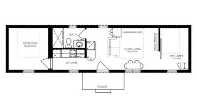 Top view of an architectural floor plan of a detached additional residential unit