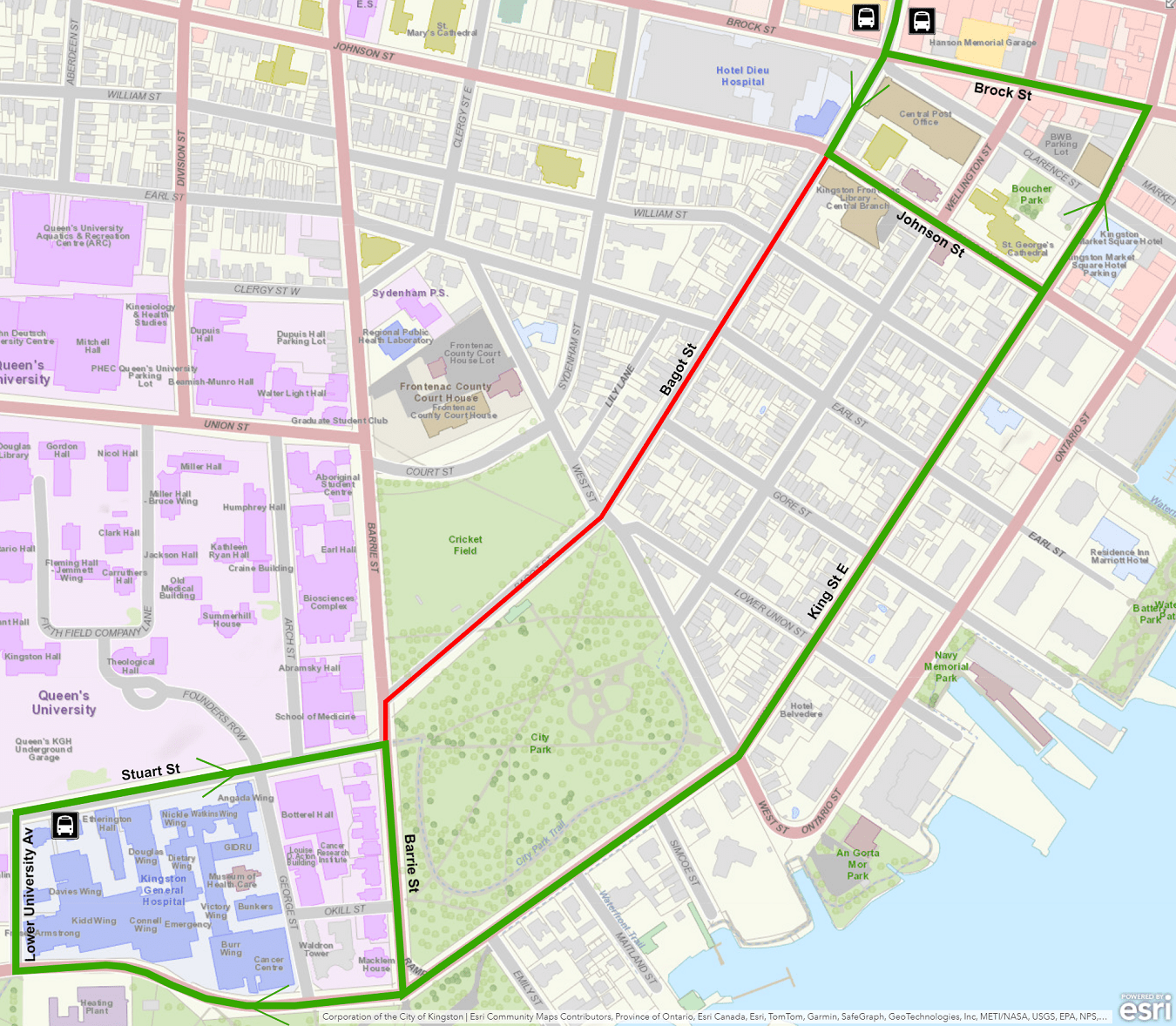 Map showing Express Route 601-602 and 801-802 detour using King instead of Bagot. For more information, please call 613-546-0000.