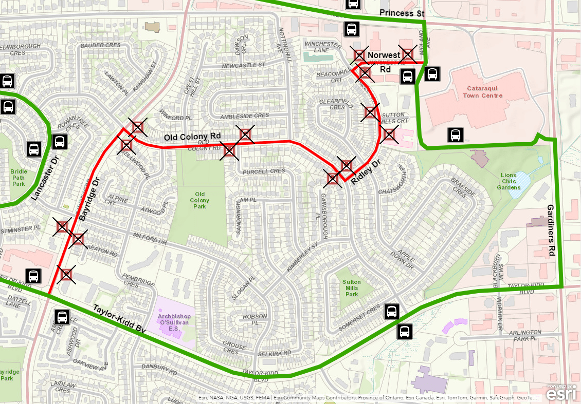 Map showing Route 15 detour using Taylor-Kidd and Gardiners instead of Bayridge and Old Colony. For more information, please call 613-546-0000.