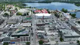 A drone shot of downtown Kingston and the construction