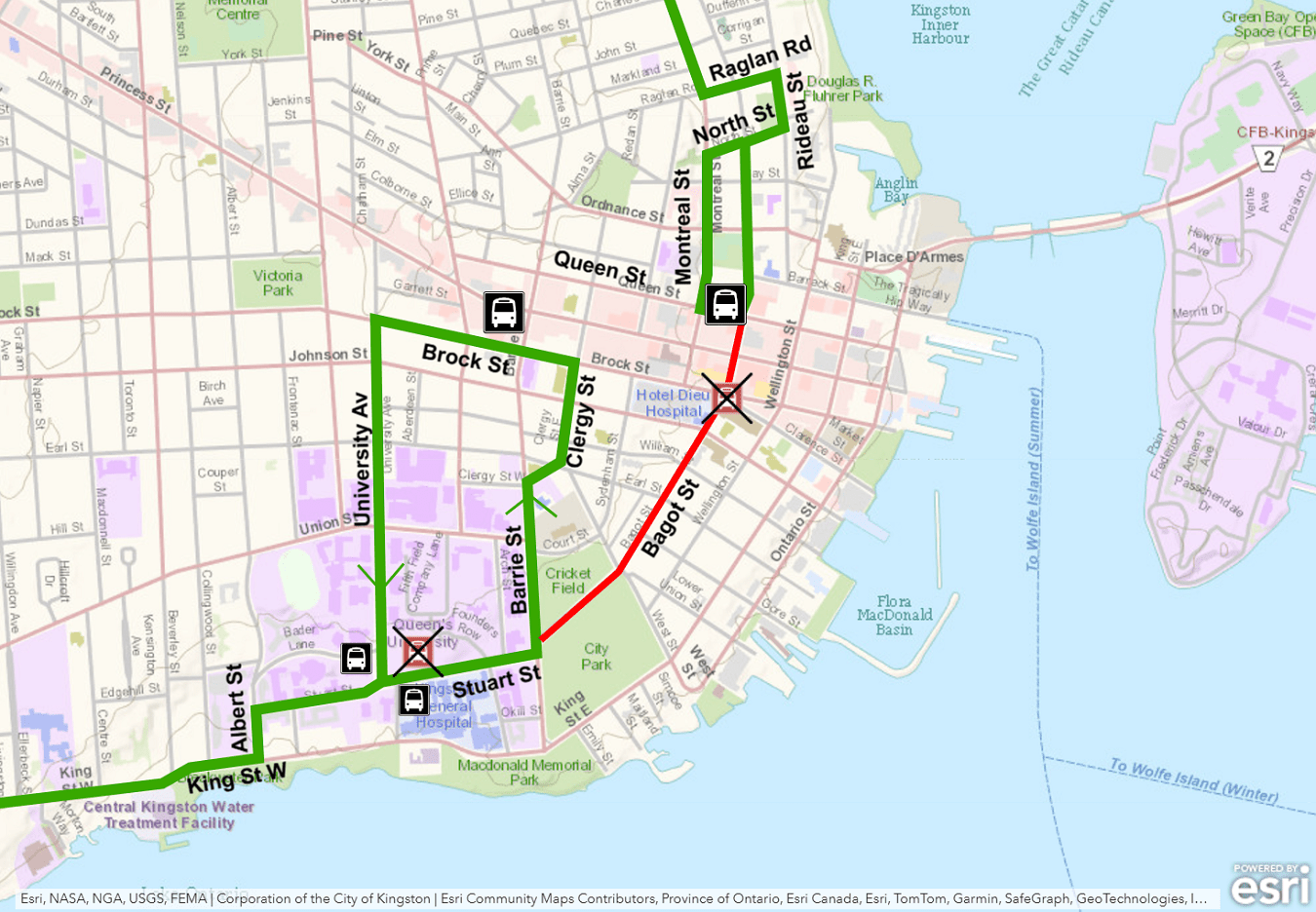 Map showing Route 1 split into two sections at Princess during Santa Claus Parade. For more information, please call 613-546-0000.