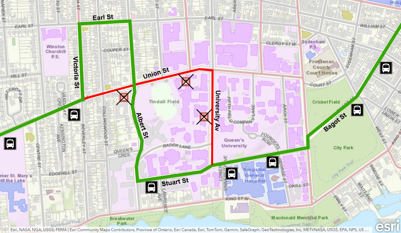 Map showing eastbound detour away from Union / University via Victoria, Earl, Albert and Stuart.  For more information, please call 613-546-0000.