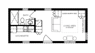 Top view of an architectural floor plan of a detached additional residential unit