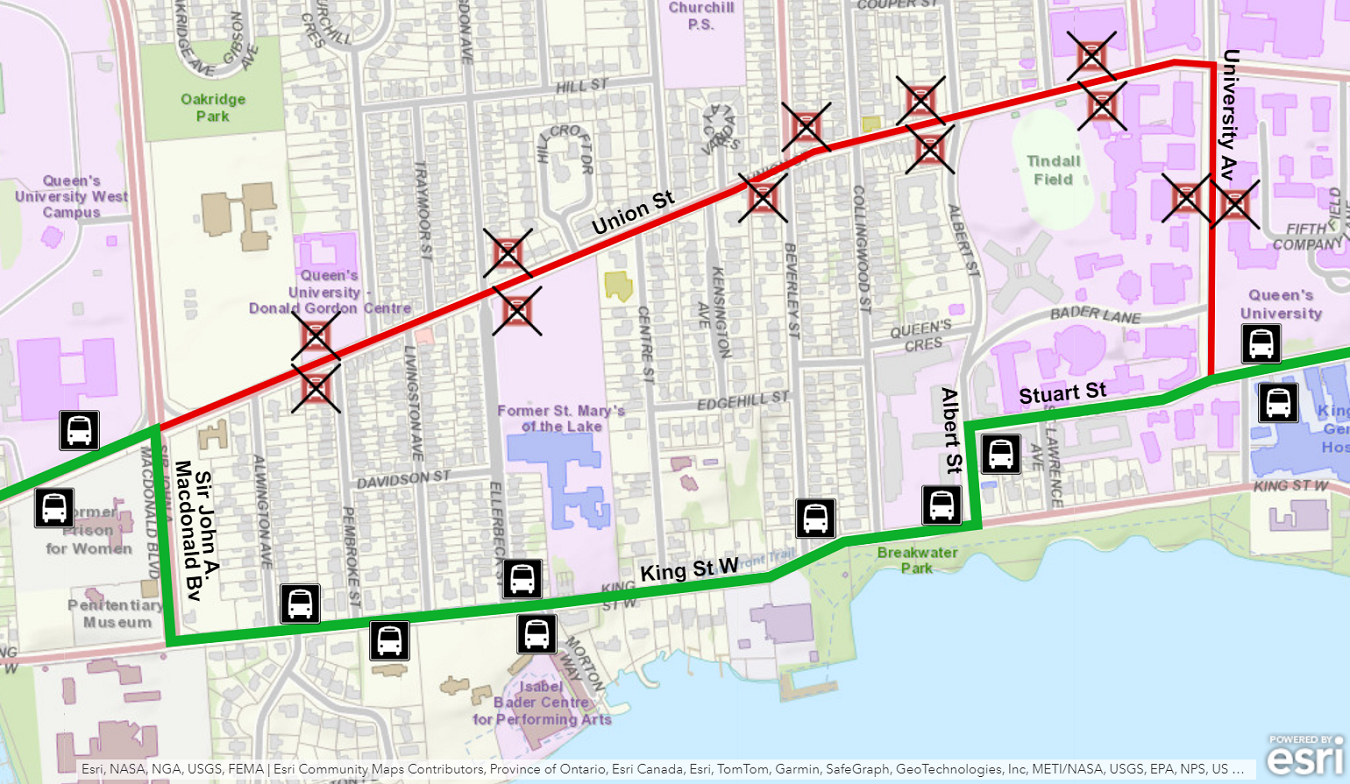 Map showing Route 1, 2, and 18 detour using King and Stuart Streets instead of University and Union. For more information please call 613-546-0000.