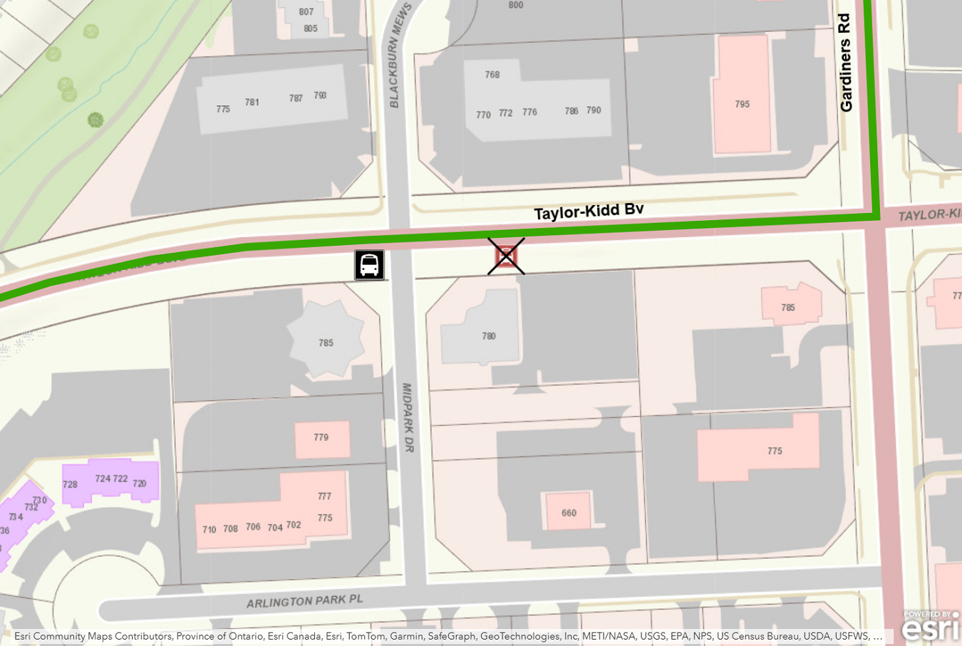 Map showing stop relocation at Taylor-Kidd / Midpark. For more information, please call 613-546-0000.