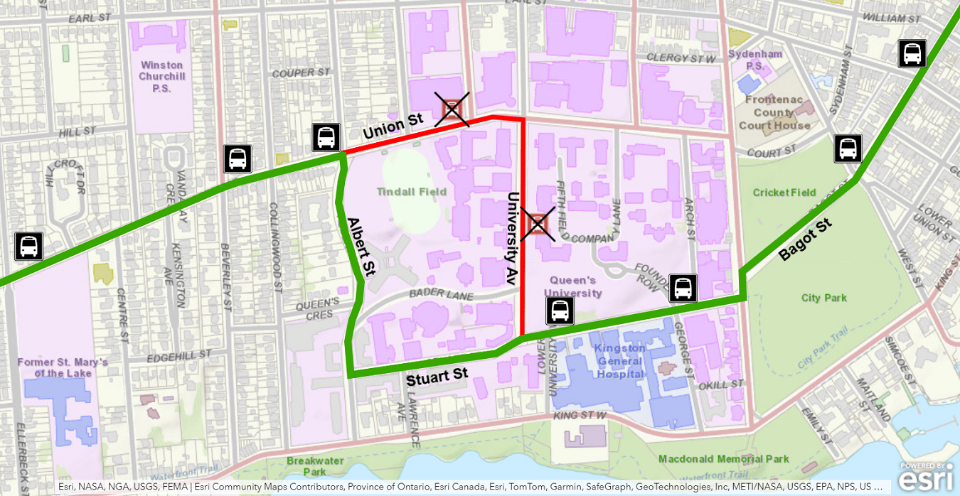 Map showing detour away from Union / University via Albert and Stuart.  For more information, please call 613-546-0000.