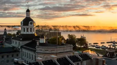 City hall at dawn with fog