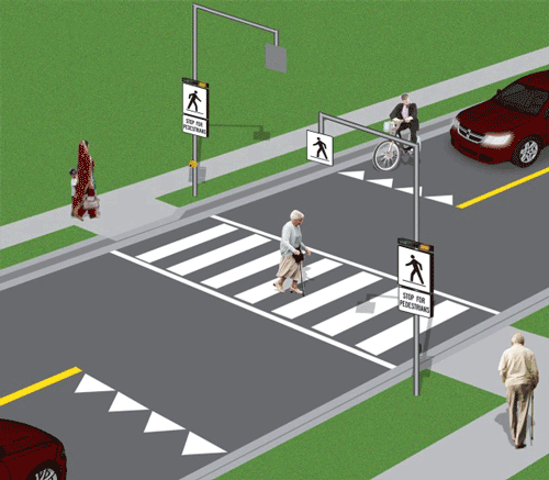 Pedestrians crossing at a Type B crossover while vehicles wait at the yield line.