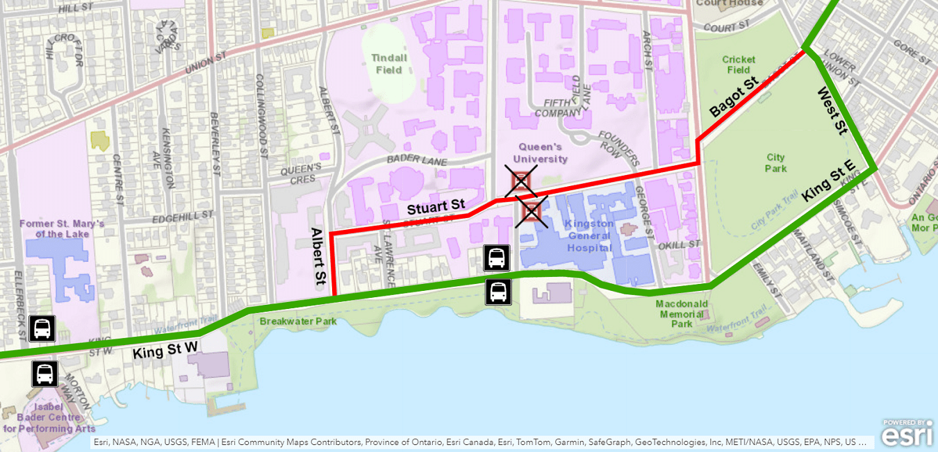 Map showing Express 501/502 detour using King instead of Stuart. For more information, please call 613-546-0000.