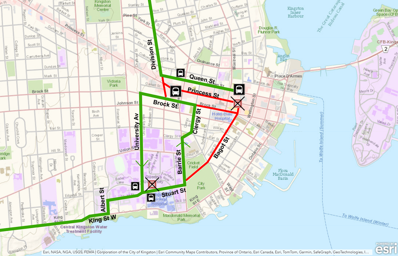 Map showing Route 2 split into two sections at Princess during Santa Claus Parade. For more information, please call 613-546-0000.