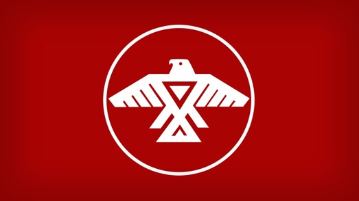 The Anishinaabeg Flag, a white thunderbird within a white circle on a red background