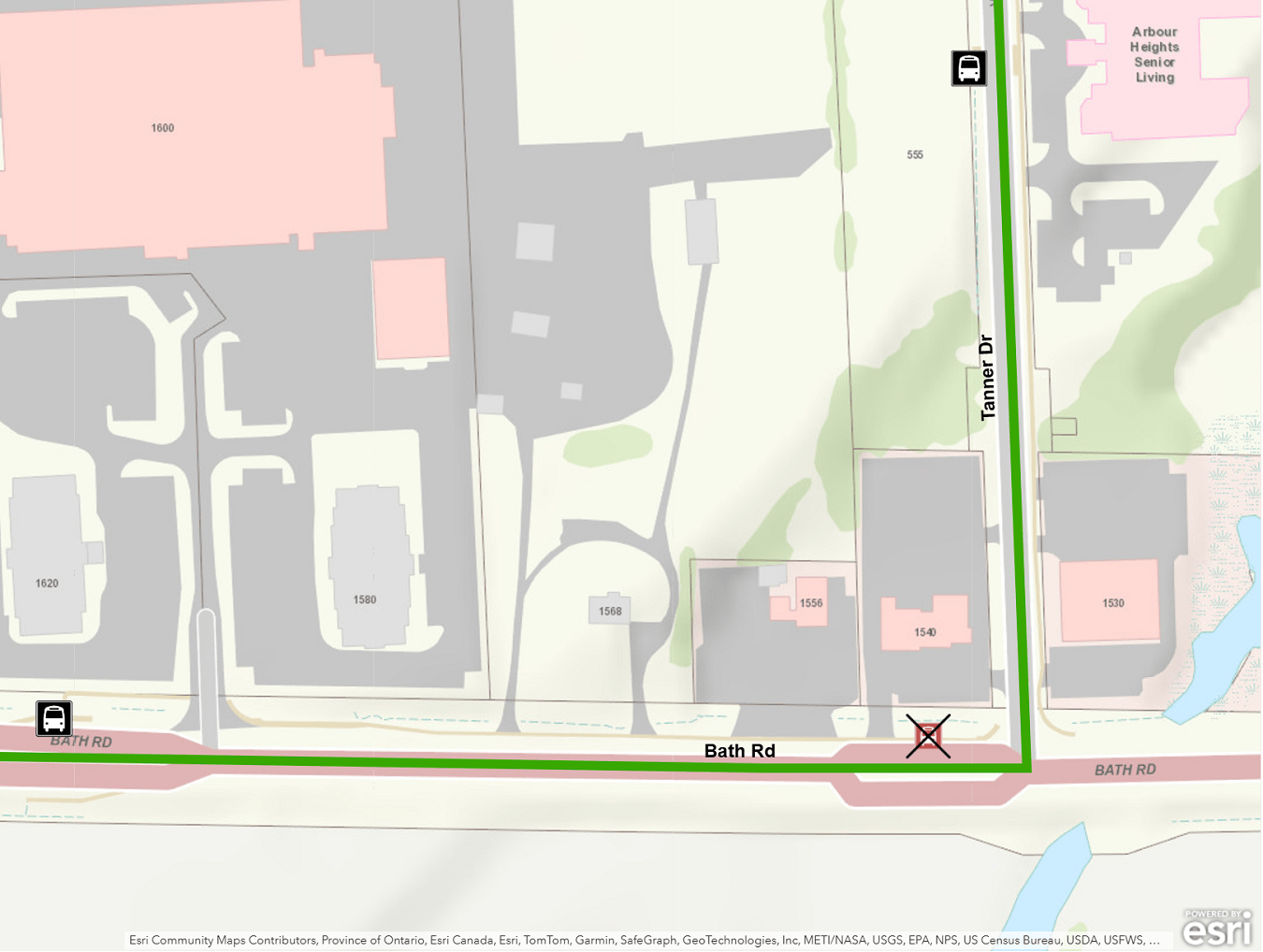 Map showing Bath / Tanner stop out of service for Route 11 only, with alternative stop at 1600 Bath. For more information, please call 613-546-0000.