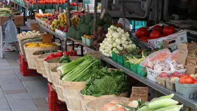 Market stalls showing various vegetables