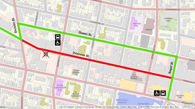 Map showing Express Route 501 detour using Queen instead of Princess. For more information, please call 613-546-0000.