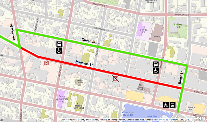 Map showing Route 4 detour using Queen instead of Princess. For more information, please call 613-546-0000.