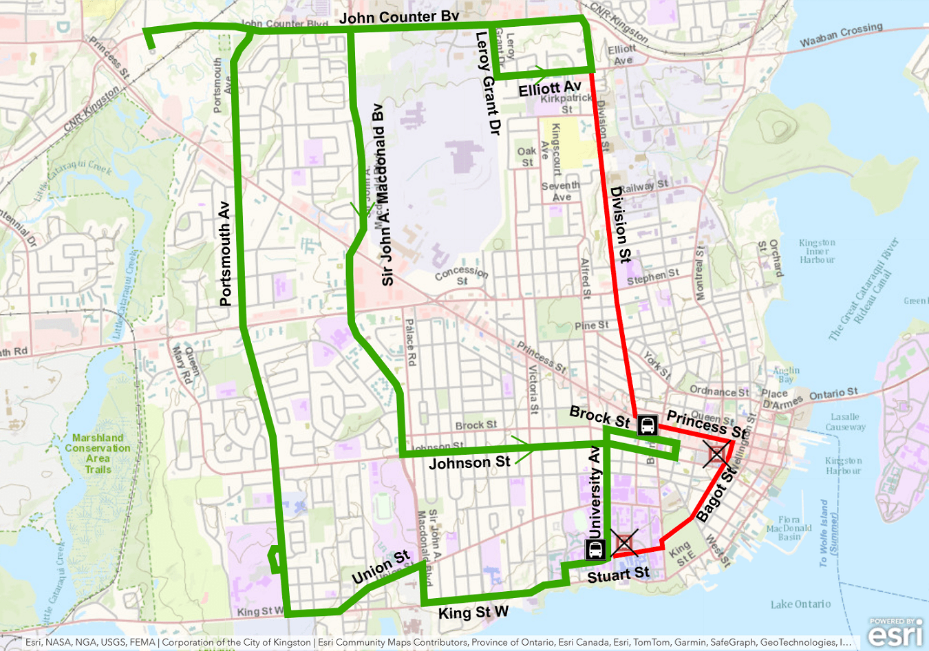 Map showing Route 18 detouring away from Division and Princess via Sir John A. Macdonald and Johnson. For more information, please call 613-546-0000.