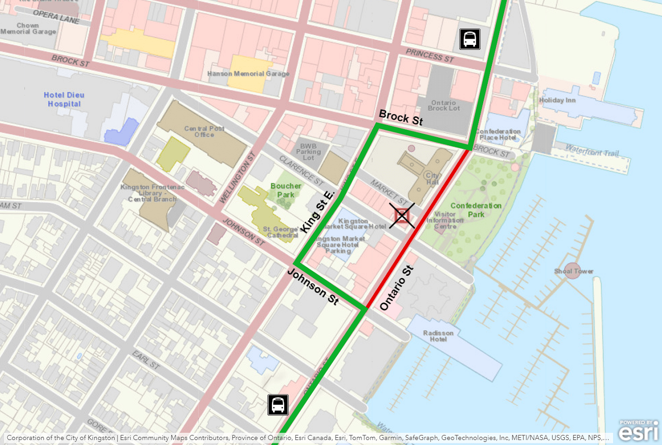 Map showing Route 31 detour using King instead of Ontario due to lane closure. For more information, please call 613-546-0000.