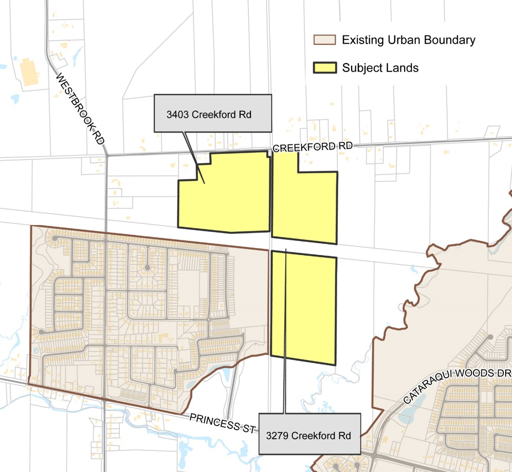 Key map illustrating subject lands 3404 and 3279 Creekford Road and existing urban boundary.