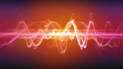 A graphically representation of sound waves on a orange and pink background