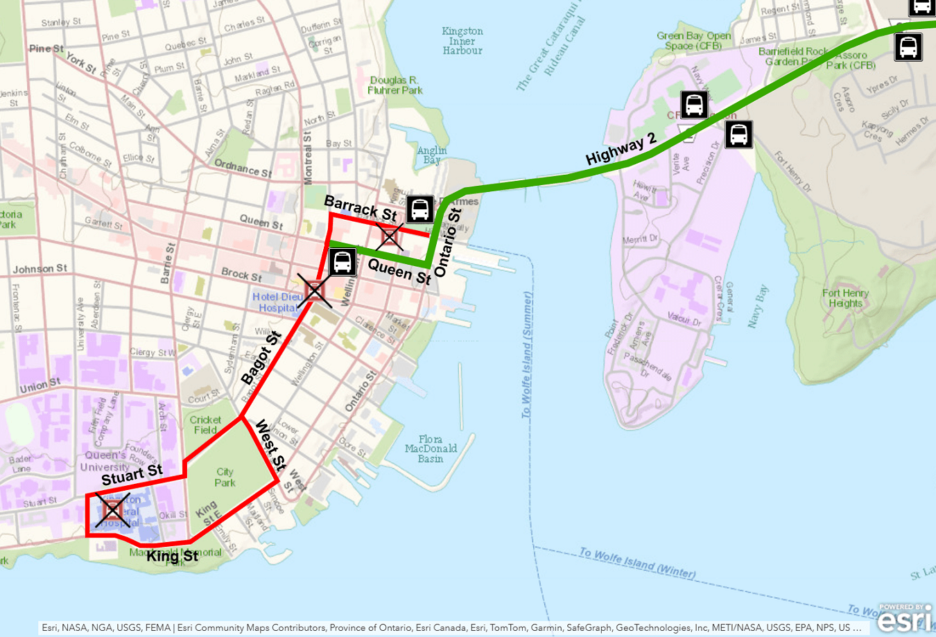 Express 601/602 map showing service ending at Queen/Bagot and not continuing to KGH. For more information, please call 613-546-0000.