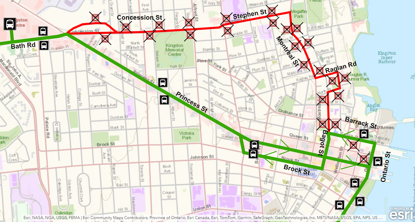 Map showing Route 31 and 32 detour using Princess instead of Concession, Stephen and Montreal.  For more information, please call 613-546-0000.