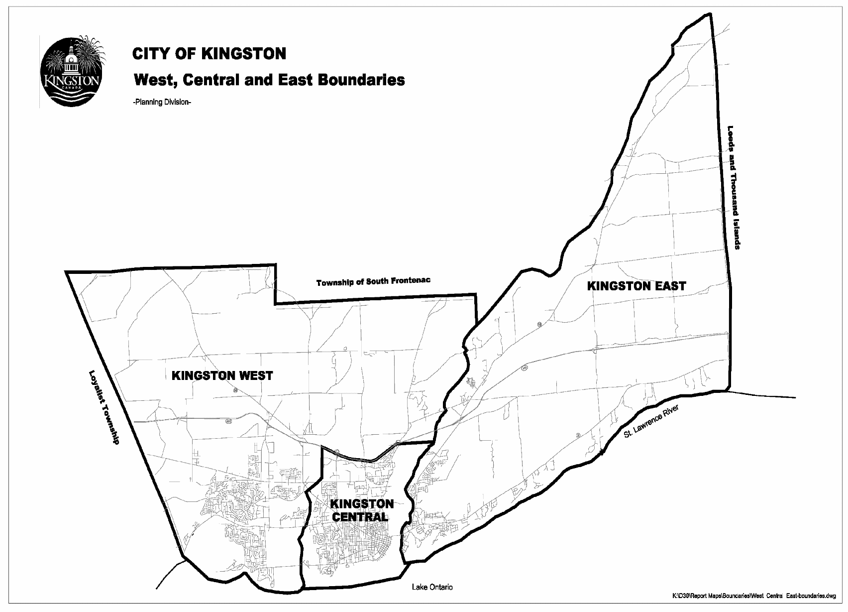 Map that displays the West, Central and East Boundaries