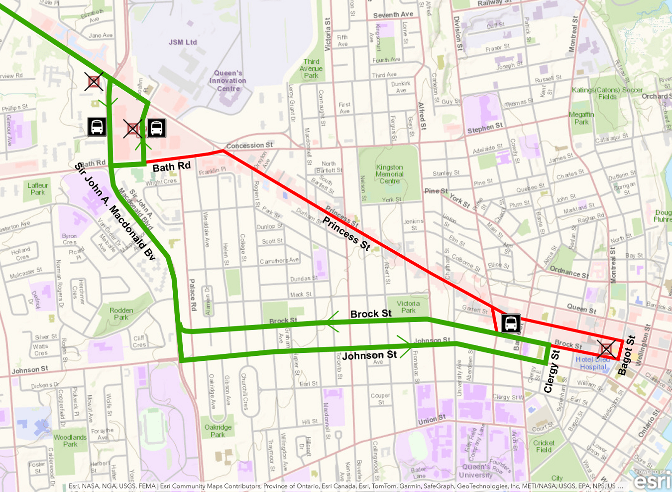 Map showing Route 4 detouring away from Princess during Santa Claus Parade. For more information, please call 613-546-0000.