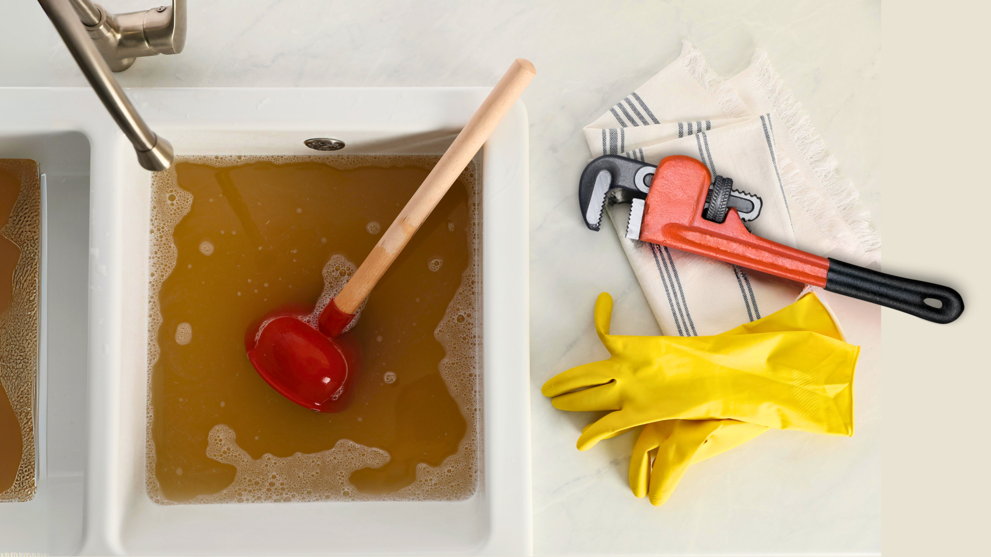 A clogged sink filled with dirty water from a sewer backup. A plunger is inside the sink, and a wrench and a pair of yellow gloves are lying nearby.