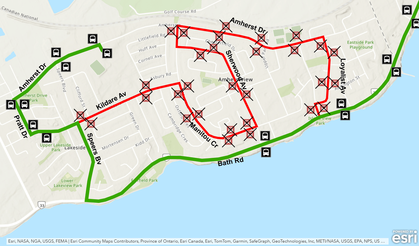 Map showing Route 10 detour using Bath due to Amherstview Santa Claus Parade. For more information, please call 613-546-0000.