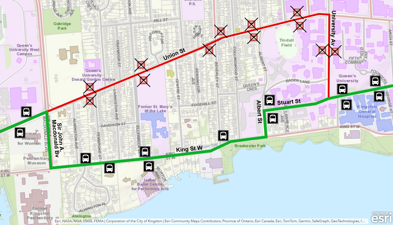 Map showing Route 1, 2, and 18 detour using King instead of Union. For more information, please call 613-546-0000.