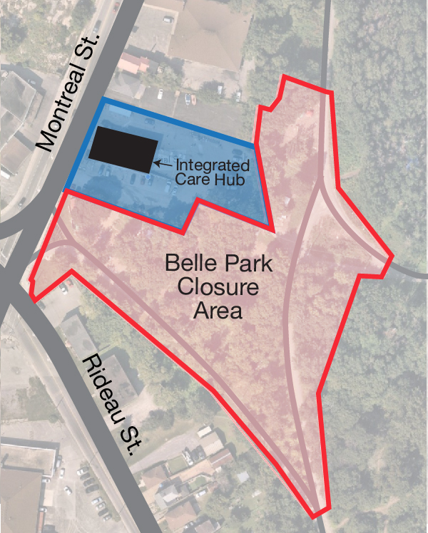 Map illustrating the locations of both the Integrated Care Hub and Belle Park Closure Area. Near the intersection of Montreal St. and Rideau St.