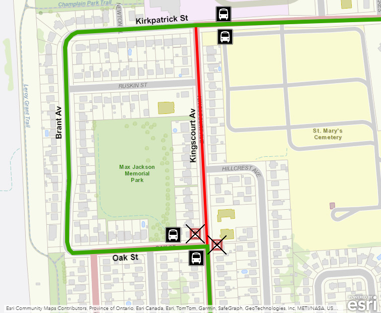 Map showing Route 16 detour using Kirkpatrick, Brant, and Oak instead of Kingscourt. For more information, please call 613-546-0000.